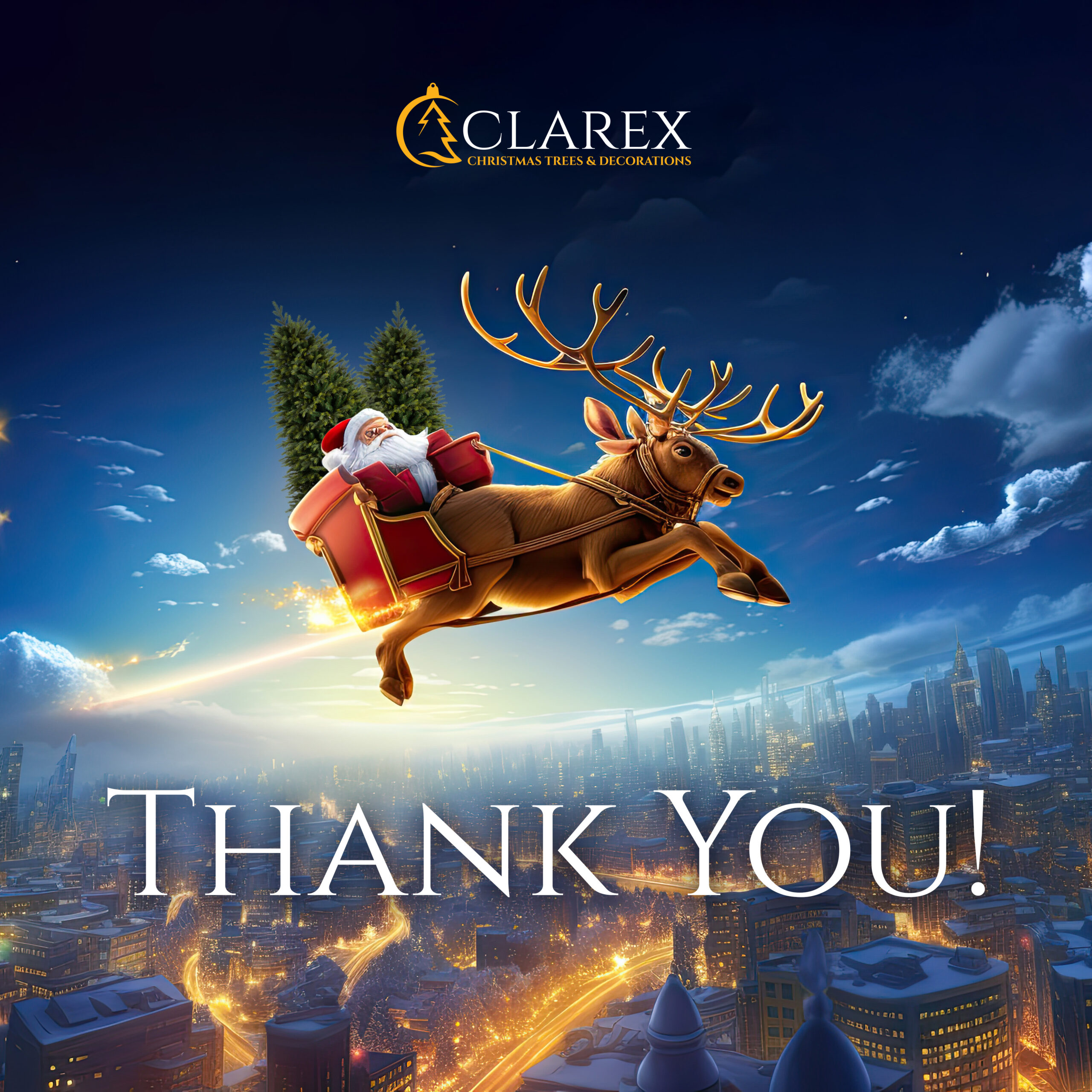 Santa's sleigh soars alongside reindeer, dropping gifts while th